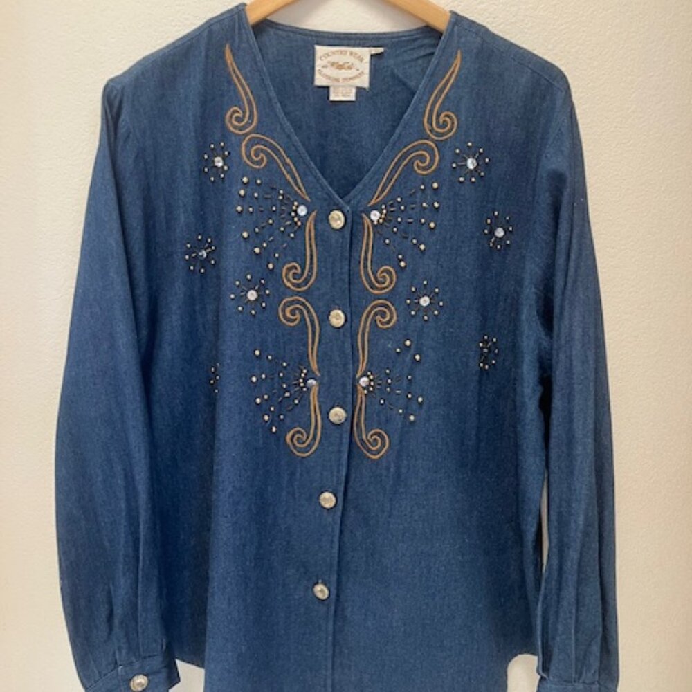 Country Wear Clothing Company Denim Beaded Embroidered Shirt, Cowgirl ,Size 16